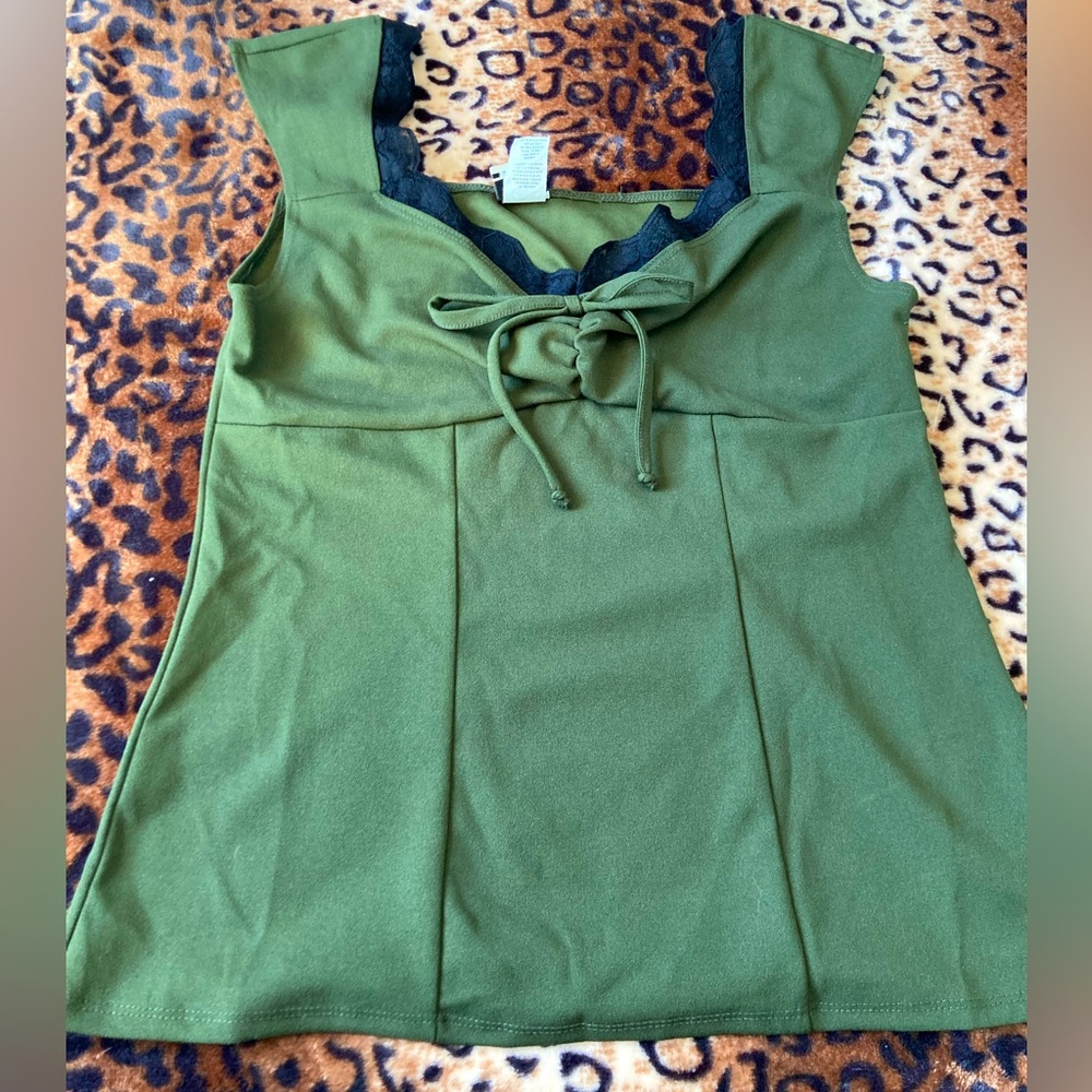 Y2K Wrapper Green Milkmaid Sleeveless Blouse Top with Black Lace Size M